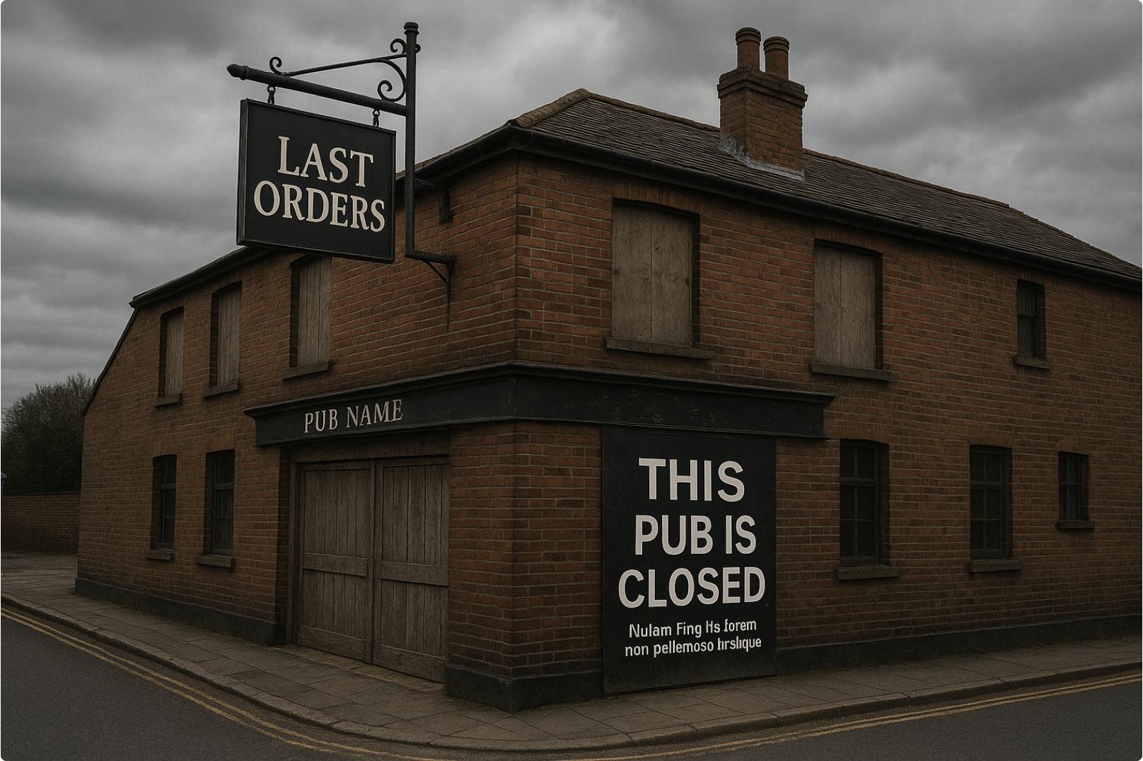 A boarded-up British pub in 2025 with a “Last Orders” sign, representing the UK pub closure crisis