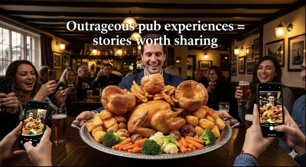 📸 A lively pub scene with people at tables, one person showing off a giant roast dinner while others take photos on their phones. Caption: “Outrageous pub experiences = stories worth sharing.”