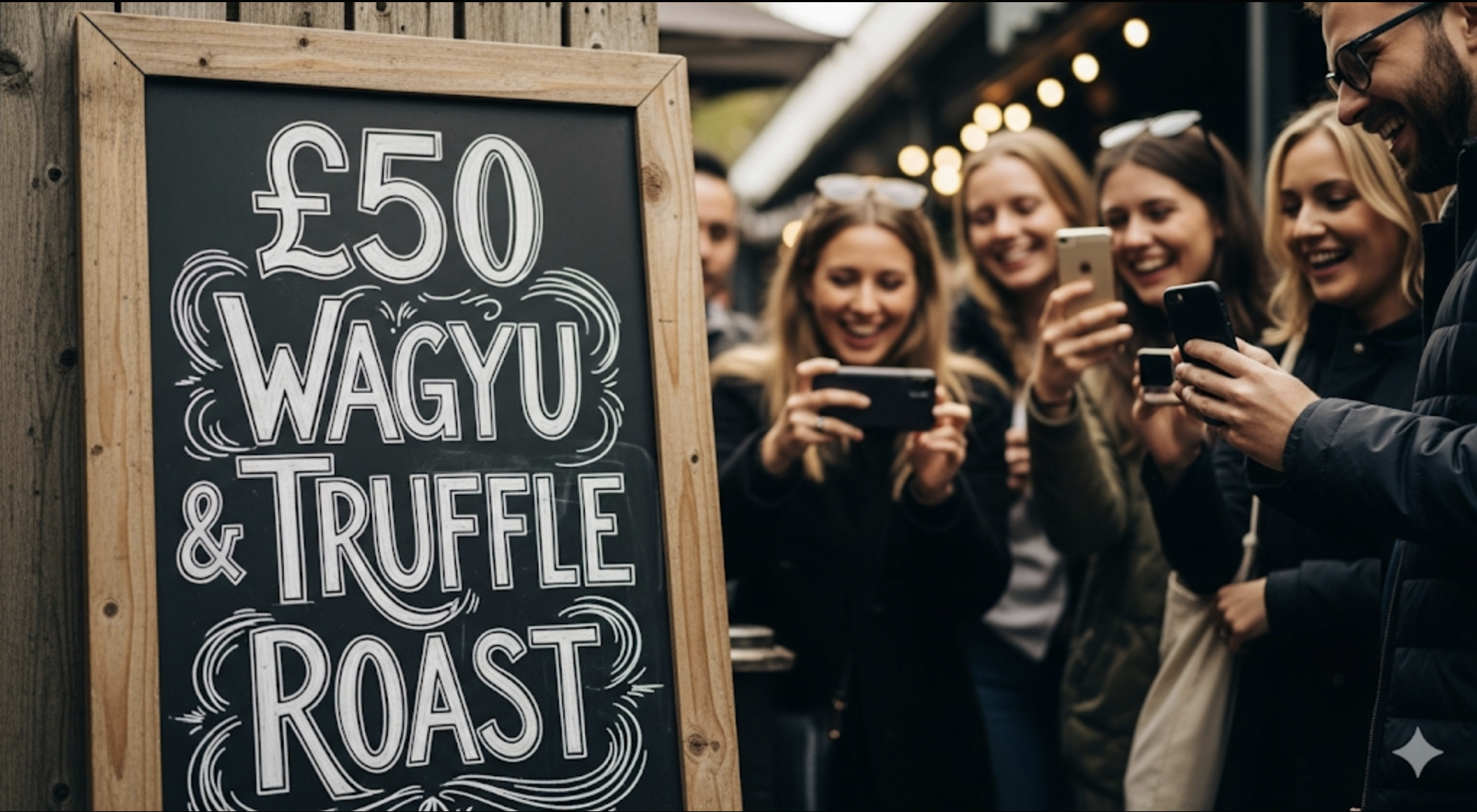 📸 A rustic chalkboard with “£50 Wagyu & Truffle Roast” written in big letters, surrounded by laughing customers taking photos. Caption: “Outrageous ideas = instant word of mouth.”