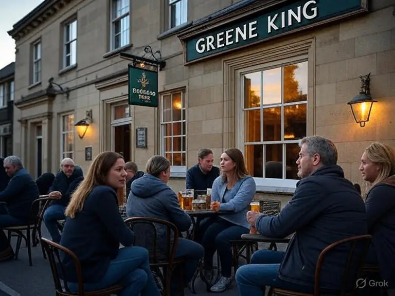People enjoying drinks outside a Greene King pub building