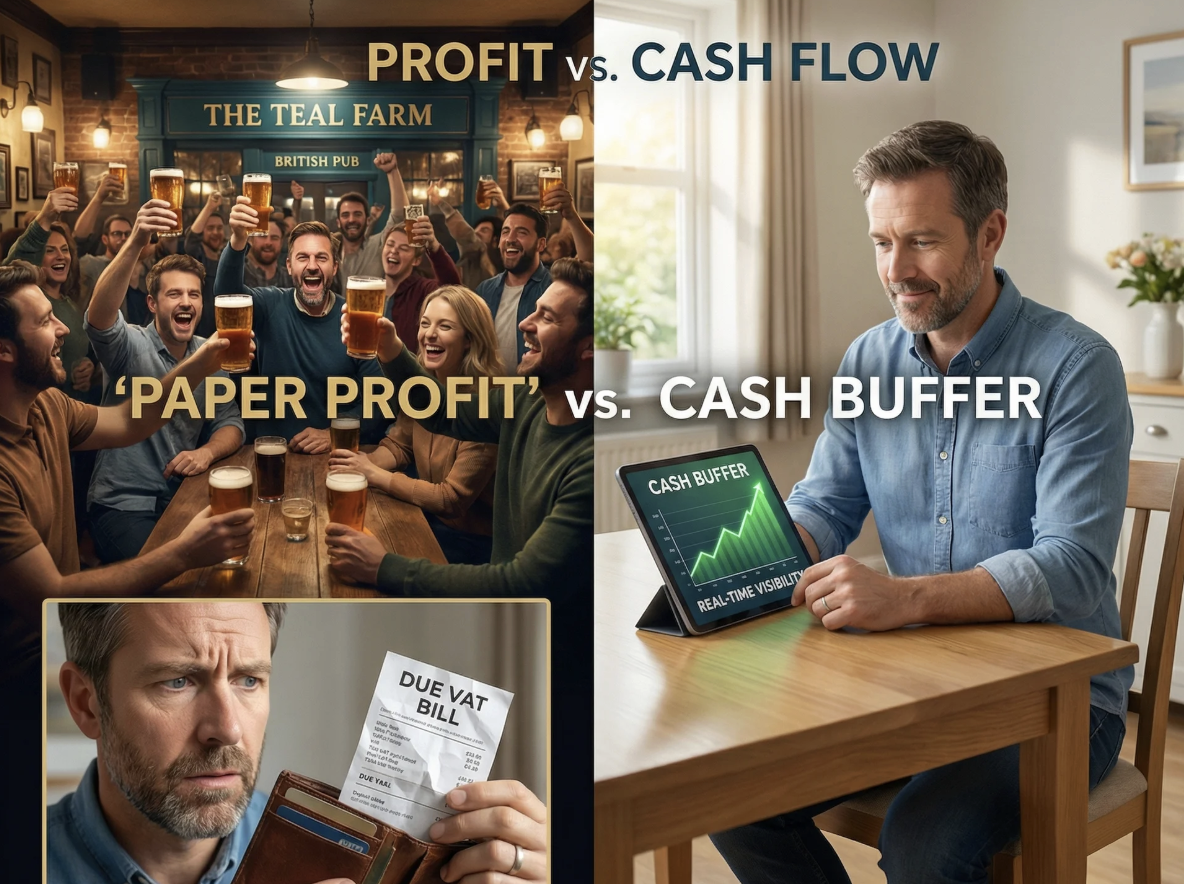 A professional, split-scene photograph. On the left: A bright, busy British pub scene at "The Teal Farm" bar at night, packed with happy customers and full pint glasses, representing high trade and 'paper profit.' Below it, a neatly organized but paper-thin wallet and a stressed expression on a man's face looking at a 'DUE VAT BILL.' On the right: A quiet, serene scene early the next morning, where the same man (the landlord, Shaun) is sitting calmly at a clean wooden table. In front of him is only a bright tablet showing a green, climbing 'CASH BUFFER' graph and 'REAL-TIME VISIBILITY' text. He has a relieved and powerful expression. The title text 'PROFIT vs. CASH FLOW' is subtly integrated into the overall composition. The lighting on the right is warm and clear control.