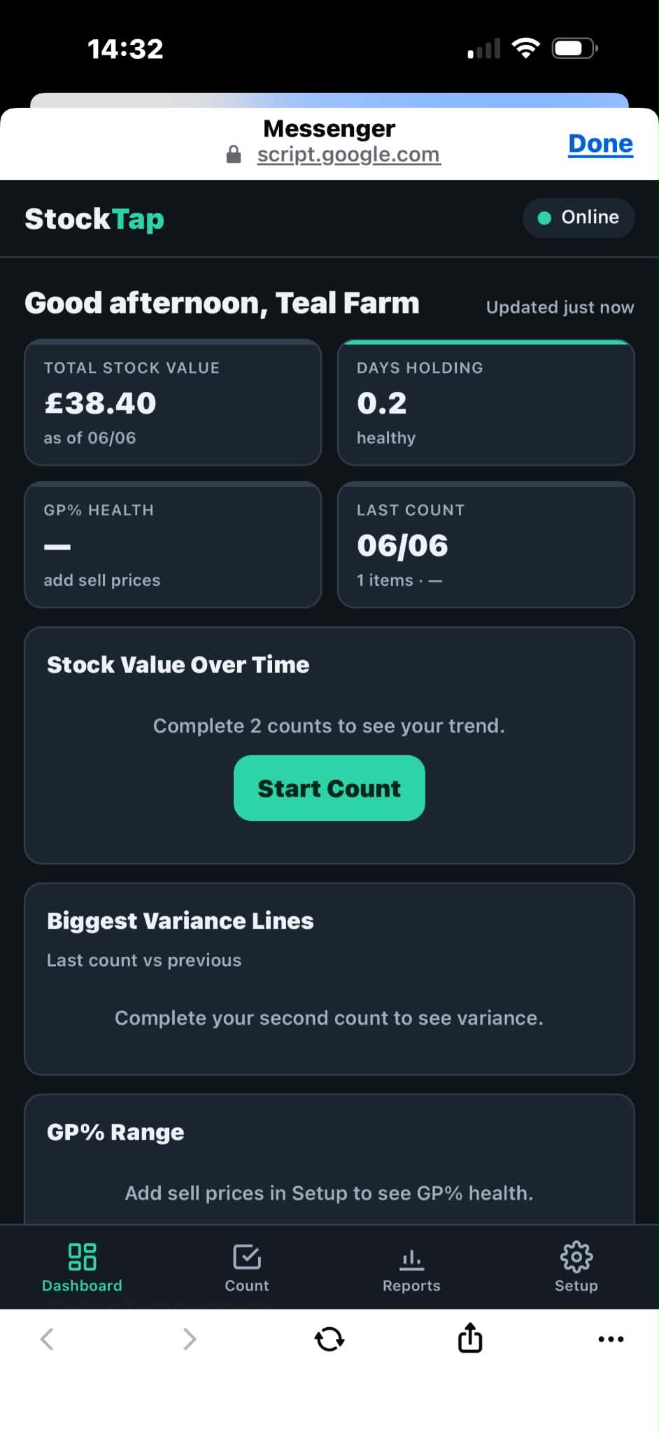 StockTap dashboard showing stock value, days holding and GP% health