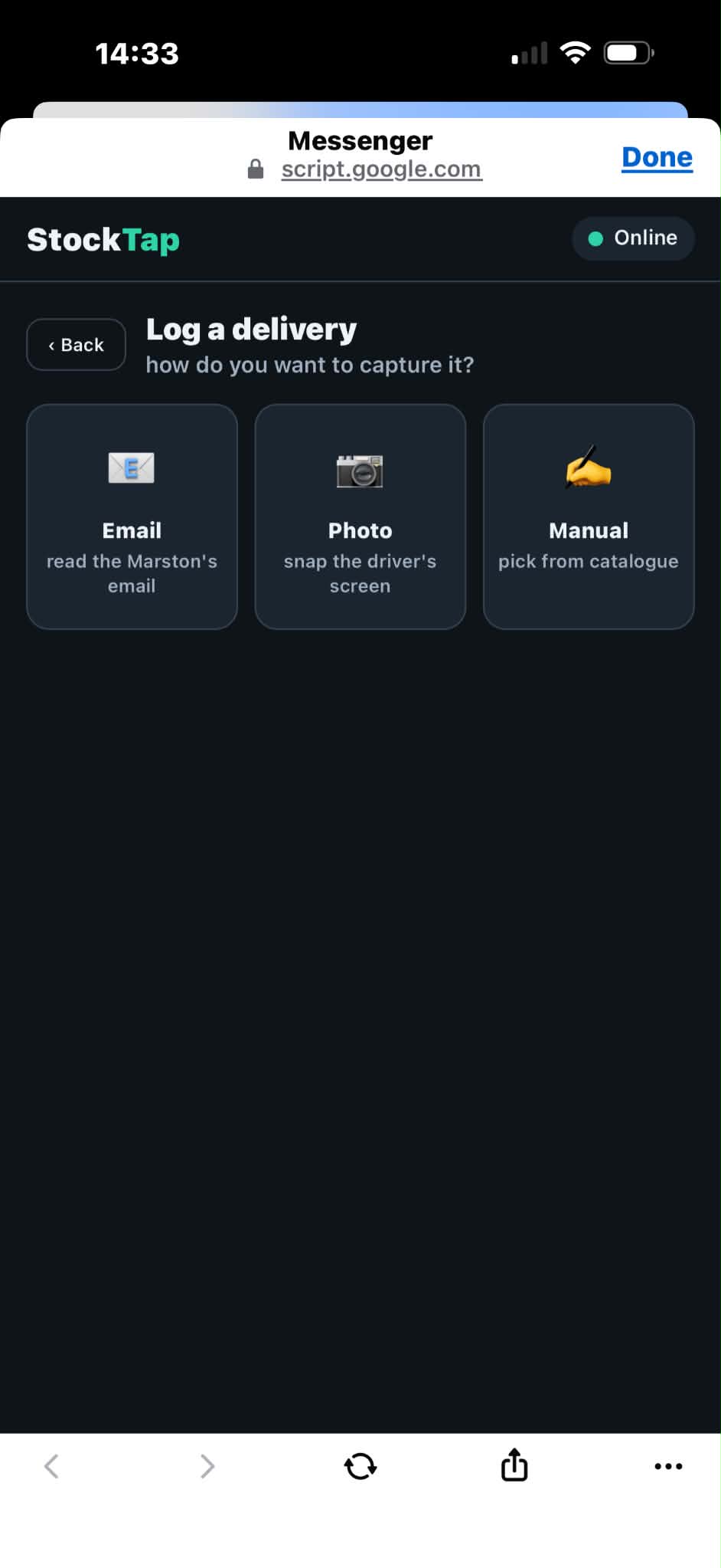 StockTap delivery log — Email, Photo or Manual