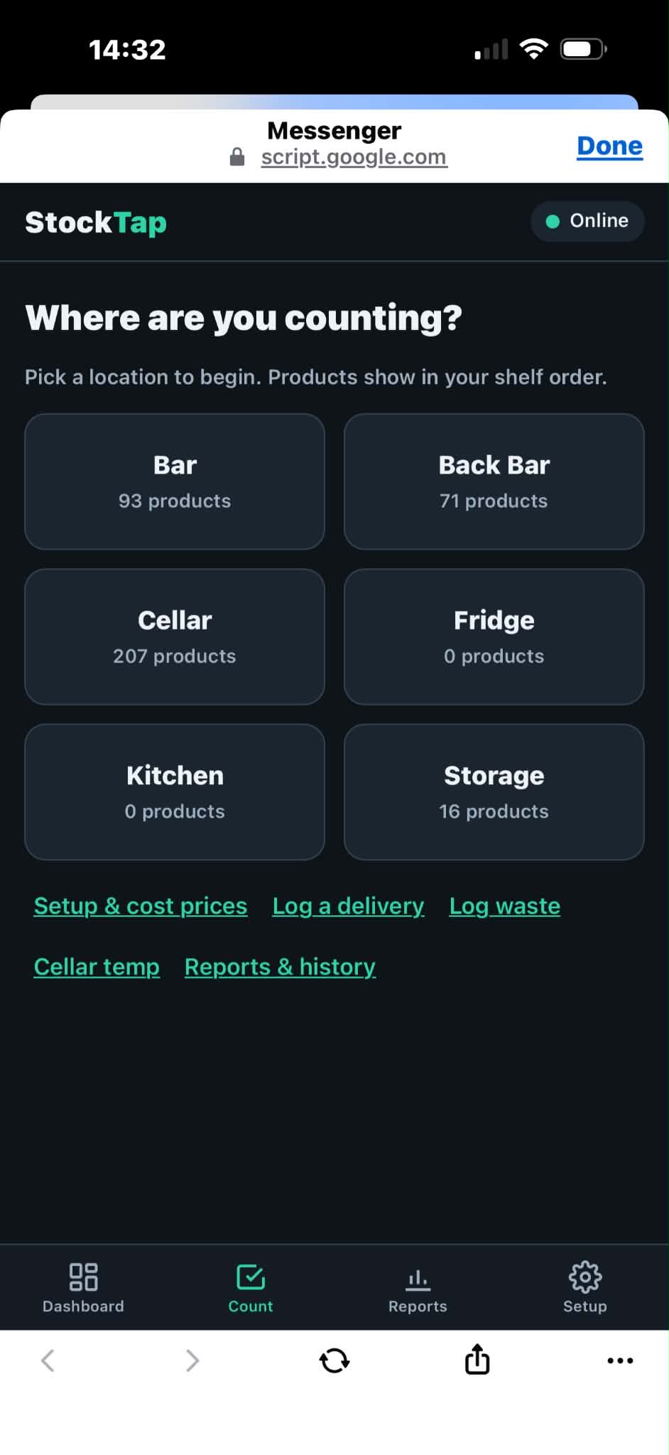 StockTap location picker — Bar, Back Bar, Cellar, Storage