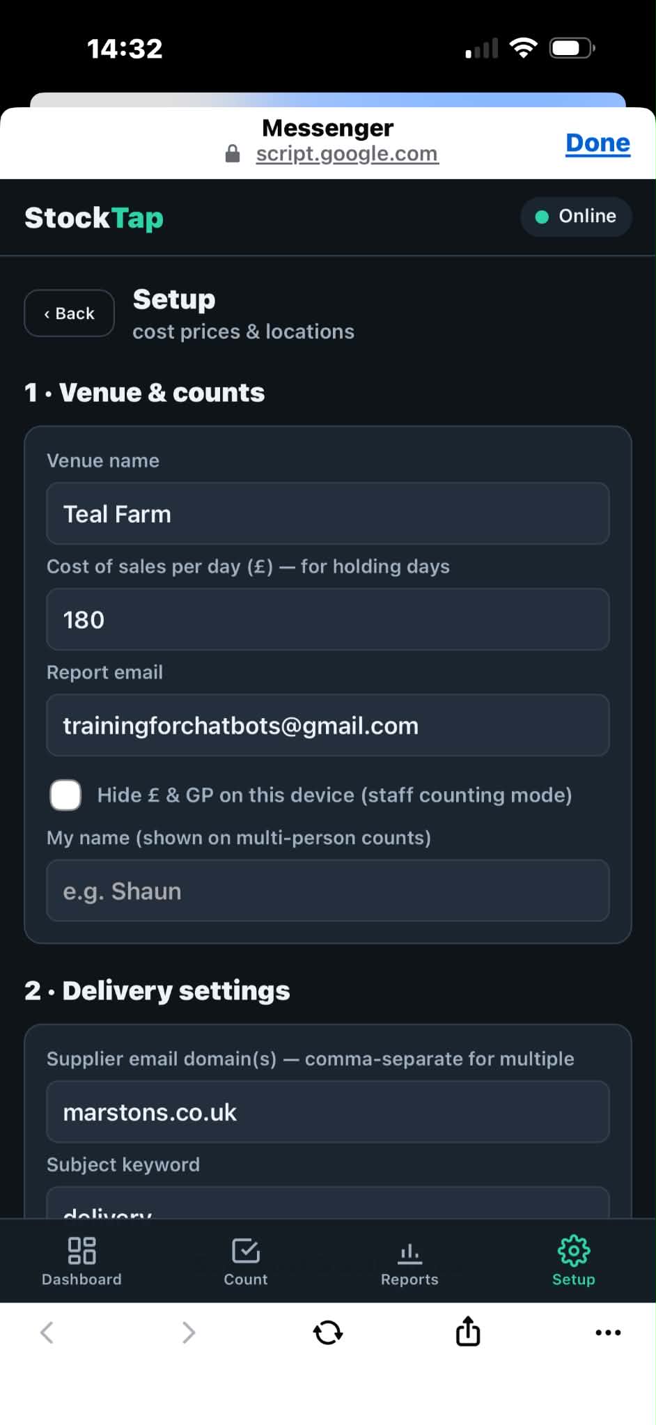 StockTap setup — venue, cost prices, delivery settings